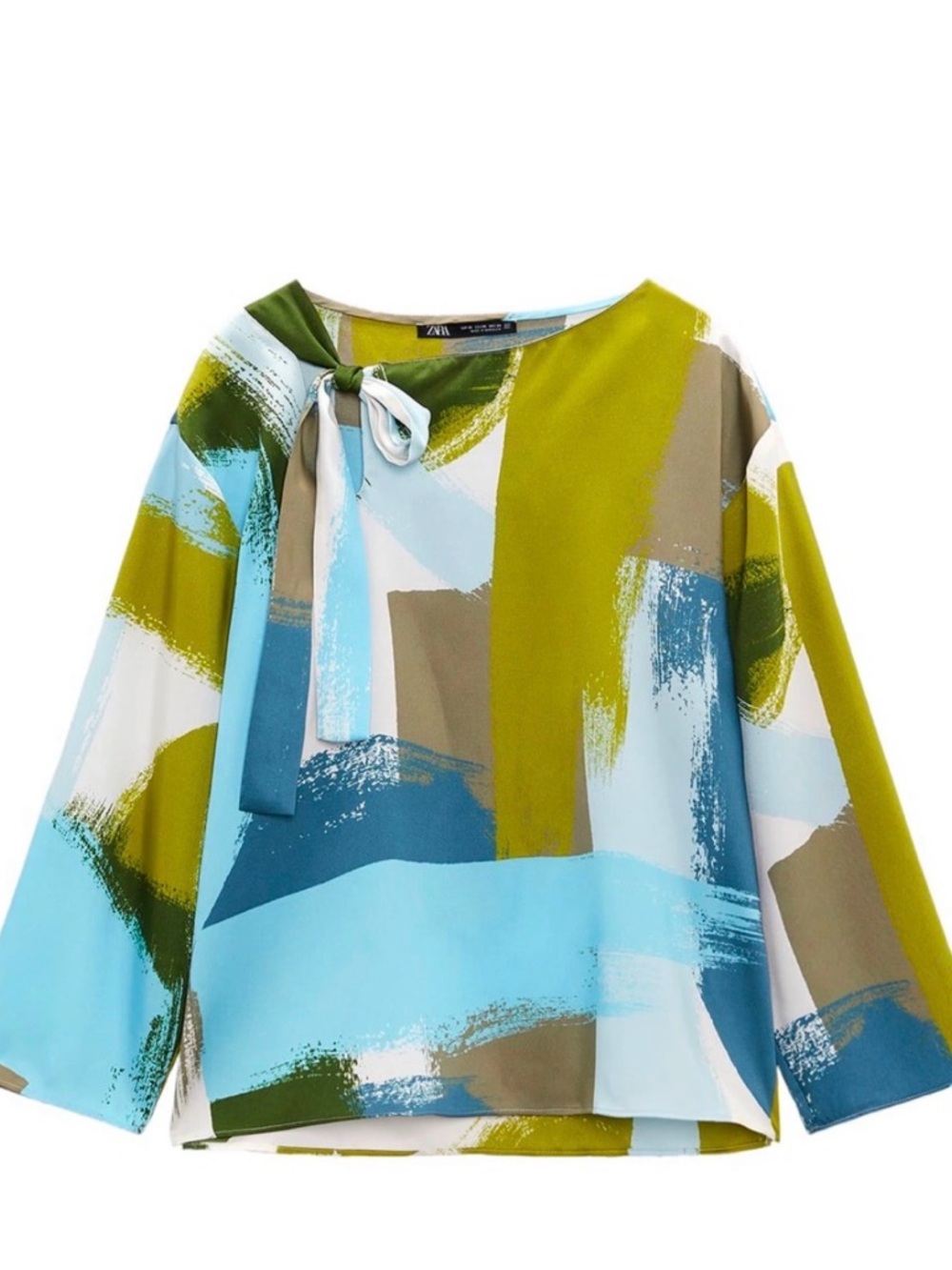 Zara Abstract Brushstroke Tie-Neck Top in Teal, Olive & Cream